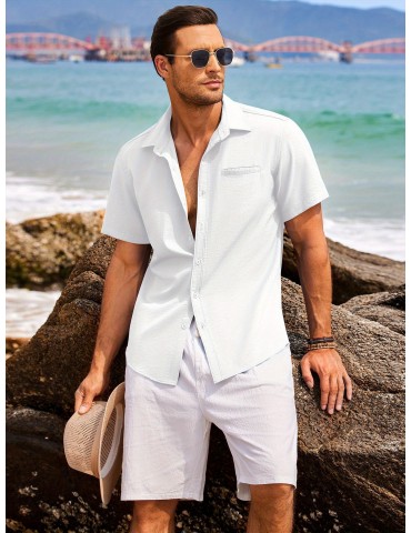 1pc Men'S Casual Linen Blend Short Sleeve Shirt - Summer Beach Button Down with Regular Fit, Solid Color, Basic Style, Suitable for All Seasons, Plus Size