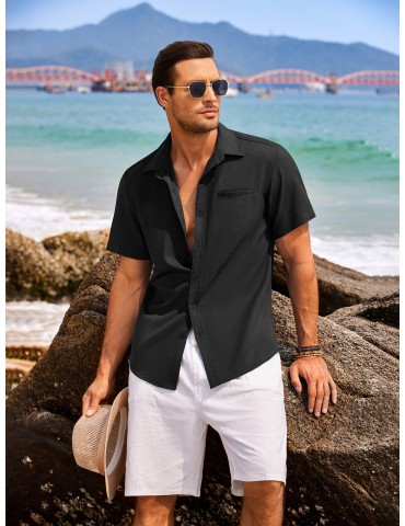 1pc Men'S Casual Linen Blend Short Sleeve Shirt - Summer Beach Button Down with Regular Fit, Solid Color, Basic Style, Suitable for All Seasons, Plus Size