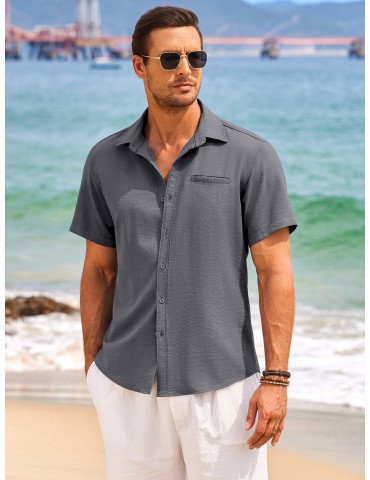 1pc Men'S Casual Linen Blend Short Sleeve Shirt - Summer Beach Button Down with Regular Fit, Solid Color, Basic Style, Suitable for All Seasons, Plus Size