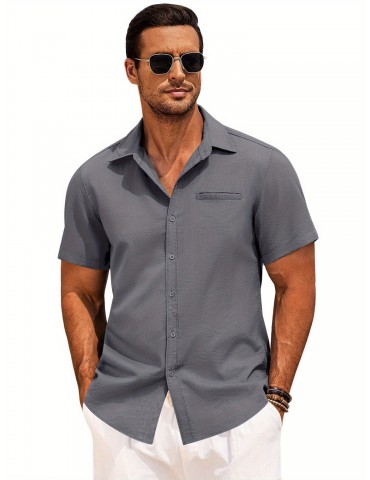 1pc Men'S Casual Linen Blend Short Sleeve Shirt - Summer Beach Button Down with Regular Fit, Solid Color, Basic Style, Suitable for All Seasons, Plus Size