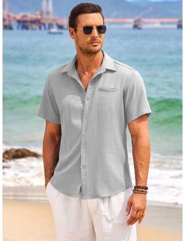 1pc Men'S Casual Linen Blend Short Sleeve Shirt - Summer Beach Button Down with Regular Fit, Solid Color, Basic Style, Suitable for All Seasons, Plus Size