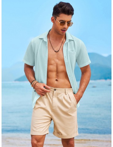 1pc Men'S Casual Linen Blend Short Sleeve Shirt - Summer Beach Button Down with Regular Fit, Solid Color, Basic Style, Suitable for All Seasons, Plus Size