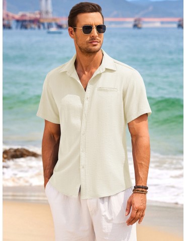 1pc Men'S Casual Linen Blend Short Sleeve Shirt - Summer Beach Button Down with Regular Fit, Solid Color, Basic Style, Suitable for All Seasons, Plus Size