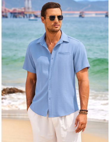 1pc Men'S Casual Linen Blend Short Sleeve Shirt - Summer Beach Button Down with Regular Fit, Solid Color, Basic Style, Suitable for All Seasons, Plus Size