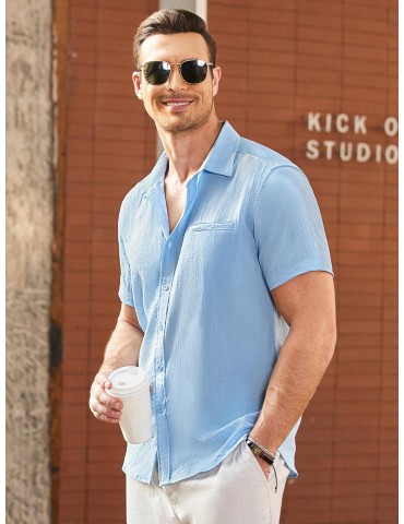 1pc Men'S Casual Linen Blend Short Sleeve Shirt - Summer Beach Button Down with Regular Fit, Solid Color, Basic Style, Suitable for All Seasons, Plus Size