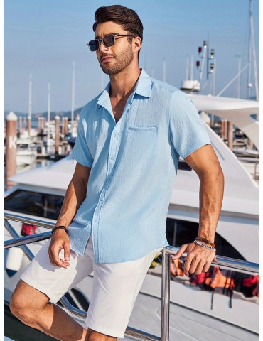 1pc Men'S Casual Linen Blend Short Sleeve Shirt - Summer Beach Button Down with Regular Fit, Solid Color, Basic Style, Suitable for All Seasons, Plus Size