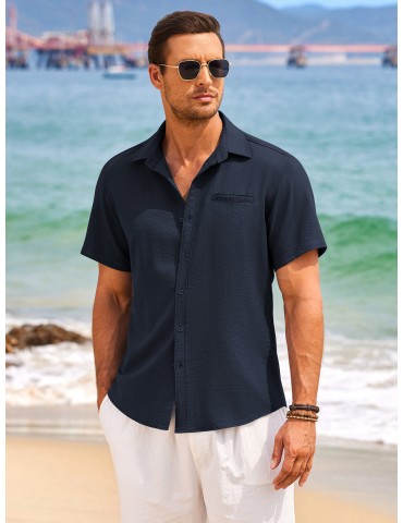 1pc Men'S Casual Linen Blend Short Sleeve Shirt - Summer Beach Button Down with Regular Fit, Solid Color, Basic Style, Suitable for All Seasons, Plus Size