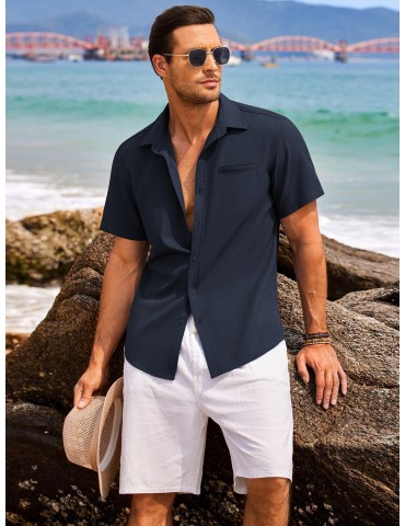 1pc Men'S Casual Linen Blend Short Sleeve Shirt - Summer Beach Button Down with Regular Fit, Solid Color, Basic Style, Suitable for All Seasons, Plus Size