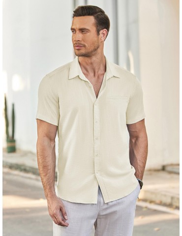 1pc Men'S Casual Linen Blend Short Sleeve Shirt - Summer Beach Button Down with Regular Fit, Solid Color, Basic Style, Suitable for All Seasons, Plus Size