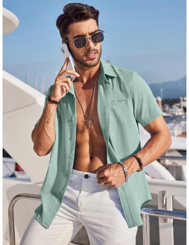 1pc Men'S Casual Linen Blend Short Sleeve Shirt - Summer Beach Button Down with Regular Fit, Solid Color, Basic Style, Suitable for All Seasons, Plus Size