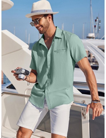 1pc Men'S Casual Linen Blend Short Sleeve Shirt - Summer Beach Button Down with Regular Fit, Solid Color, Basic Style, Suitable for All Seasons, Plus Size