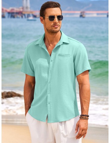 1pc Men'S Casual Linen Blend Short Sleeve Shirt - Summer Beach Button Down with Regular Fit, Solid Color, Basic Style, Suitable for All Seasons, Plus Size