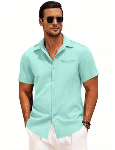 1pc Men'S Casual Linen Blend Short Sleeve Shirt - Summer Beach Button Down with Regular Fit, Solid Color, Basic Style, Suitable for All Seasons, Plus Size