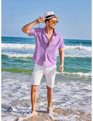 1pc Men'S Casual Linen Blend Short Sleeve Shirt - Summer Beach Button Down with Regular Fit, Solid Color, Basic Style, Suitable for All Seasons, Plus Size