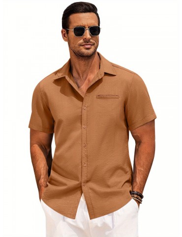 1pc Men'S Casual Linen Blend Short Sleeve Shirt - Summer Beach Button Down with Regular Fit, Solid Color, Basic Style, Suitable for All Seasons, Plus Size