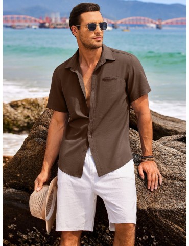 1pc Men'S Casual Linen Blend Short Sleeve Shirt - Summer Beach Button Down with Regular Fit, Solid Color, Basic Style, Suitable for All Seasons, Plus Size