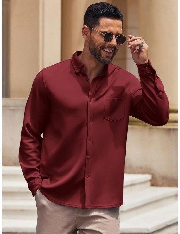 Men's Wrinkle-Free Long Sleeve Shirt - Casual Button-Down with Pocket, Stretch Fabric, Machine Washable, PLUS SIZE