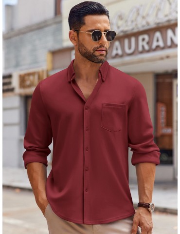 Men's Wrinkle-Free Long Sleeve Shirt - Casual Button-Down with Pocket, Stretch Fabric, Machine Washable, PLUS SIZE