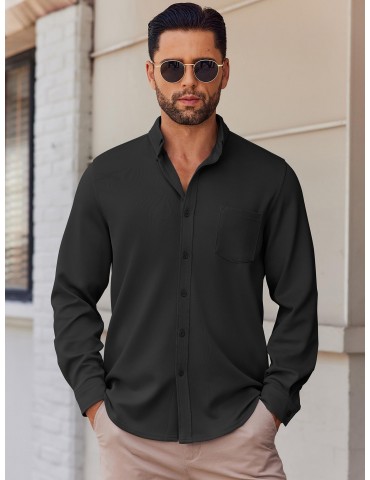 Men's Wrinkle-Free Long Sleeve Shirt - Casual Button-Down with Pocket, Stretch Fabric, Machine Washable, PLUS SIZE