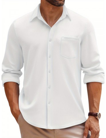 Men's Wrinkle-Free Long Sleeve Shirt - Casual Button-Down with Pocket, Stretch Fabric, Machine Washable, PLUS SIZE