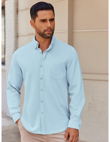 Men's Wrinkle-Free Long Sleeve Shirt - Casual Button-Down with Pocket, Stretch Fabric, Machine Washable, PLUS SIZE