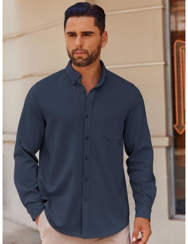 Men's Wrinkle-Free Long Sleeve Shirt - Casual Button-Down with Pocket, Stretch Fabric, Machine Washable, PLUS SIZE