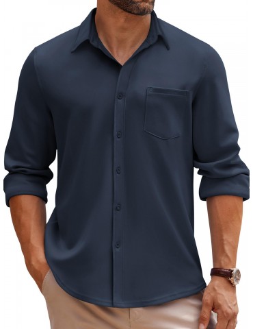 Men's Wrinkle-Free Long Sleeve Shirt - Casual Button-Down with Pocket, Stretch Fabric, Machine Washable, PLUS SIZE