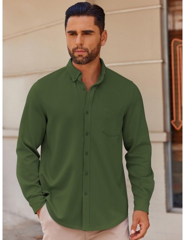 Men's Wrinkle-Free Long Sleeve Shirt - Casual Button-Down with Pocket, Stretch Fabric, Machine Washable, PLUS SIZE