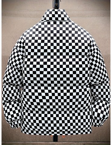 Men's Stylish Checkered Puffer Coat With Pockets, Casual Breathable Stand Collar Zip Up Long Sleeve Warm Top For City Walk Street Hanging Winter Outdoor Activities