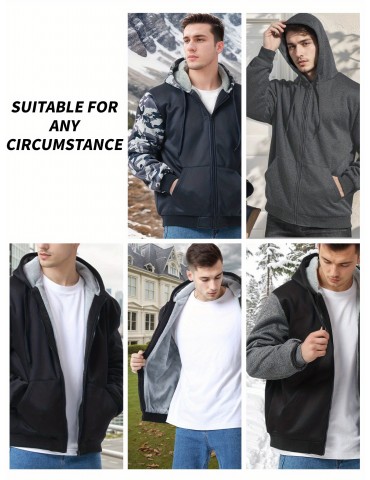 Winter Men's Fleece Hoodies Full Zip Up Coat Hooed Sweatshirt Warm Thick Coats Kangaroo Pockets