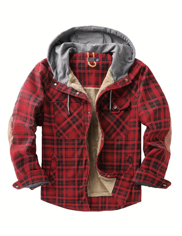 Warm and Stylish Men's Plaid Fleece Hooded Coat for Fall and Winter