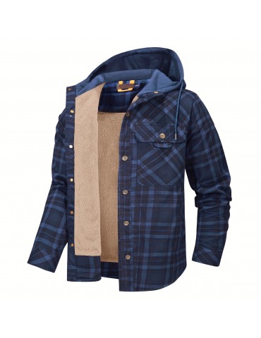 Warm and Stylish Men's Plaid Fleece Hooded Coat for Fall and Winter