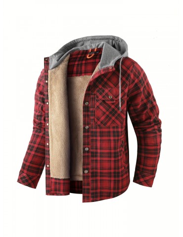 Warm and Stylish Men's Plaid Fleece Hooded Coat for Fall and Winter