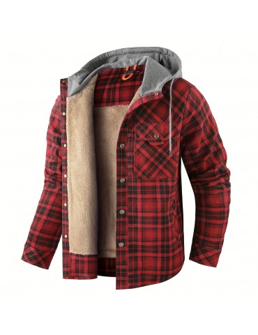 Warm and Stylish Men's Plaid Fleece Hooded Coat for Fall and Winter