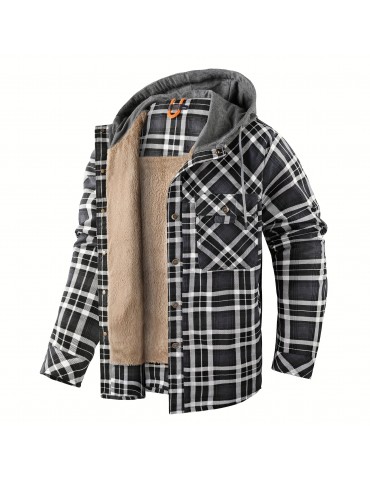 Warm and Stylish Men's Plaid Fleece Hooded Coat for Fall and Winter