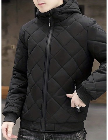 Men's Plush Hooded Jacket - Warm and Cozy Zip Up Quilted Jacket for Outdoor Activities in Fall and Winter