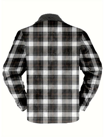 Men's Casual Lapel Plaid Retro Fleece Zip Up Jacket for Warmth in Fall and Winter