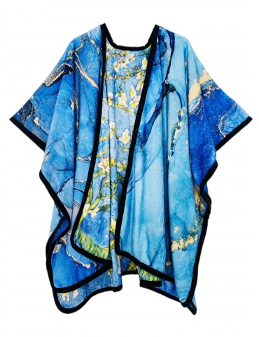 Blue-Multi Van Gogh Cherry Blossom & Marble Cozy Reversible Fleece Double-Sided Wearable Throw, Both-Sided with Two Prints Open Front Poncho, Reversible Luxury Super Soft Cozy Plush Fur Cape/Shawl/Blanket/Throw