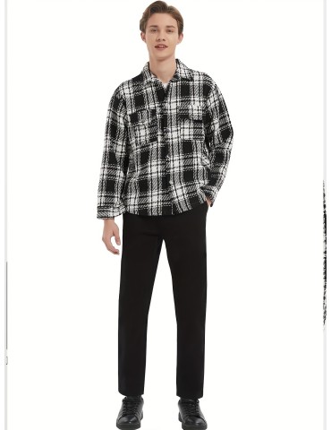 Men's Button Down Loose Fit Long Sleeve Thick Plaid Casual Shirt Jacket black and white checkerboard 02