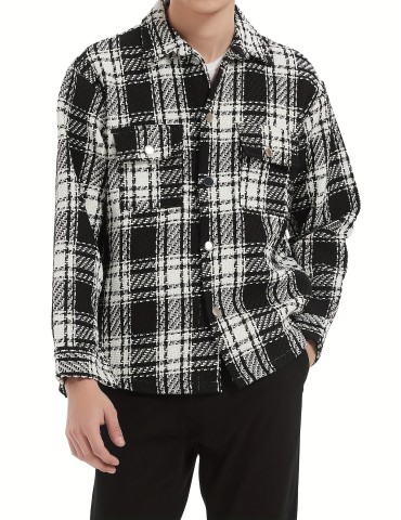 Men's Button Down Loose Fit Long Sleeve Thick Plaid Casual Shirt Jacket black and white checkerboard 02