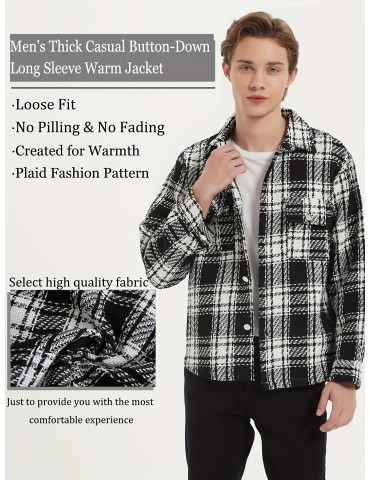 Men's Button Down Loose Fit Long Sleeve Thick Plaid Casual Shirt Jacket black and white checkerboard 02