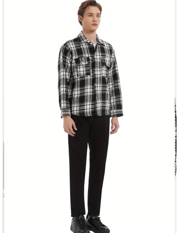 Men's Button Down Loose Fit Long Sleeve Thick Plaid Casual Shirt Jacket black and white checkerboard 02