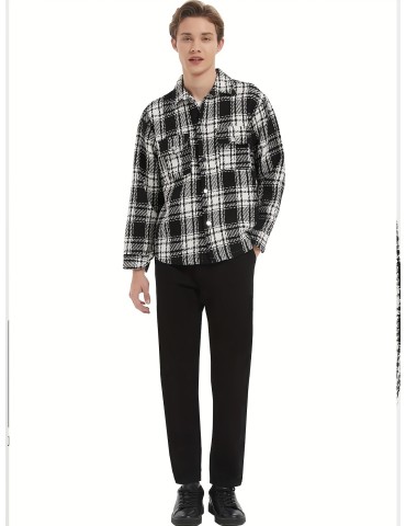 Men's Button Down Loose Fit Long Sleeve Thick Plaid Casual Shirt Jacket black and white checkerboard 02