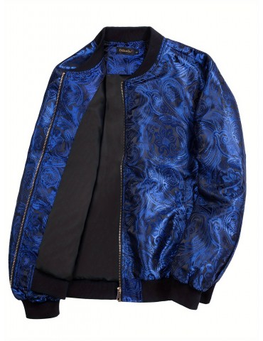 Men's Jacquard Paisley Jacket Casual Zip Lightweight Windbreaker Bomber Jacket Warm Coat Outwear with Pockets