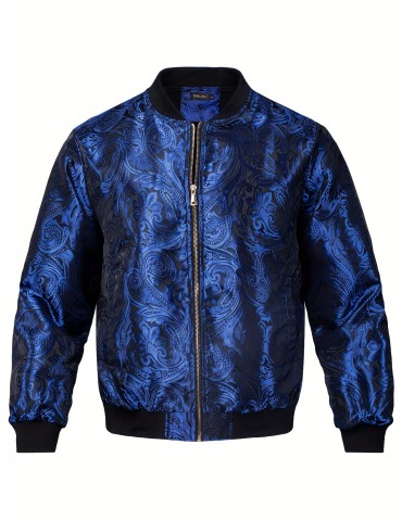 Men's Jacquard Paisley Jacket Casual Zip Lightweight Windbreaker Bomber Jacket Warm Coat Outwear with Pockets