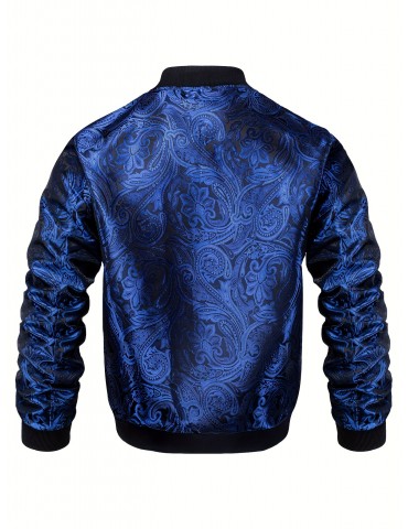 Men's Jacquard Paisley Jacket Casual Zip Lightweight Windbreaker Bomber Jacket Warm Coat Outwear with Pockets