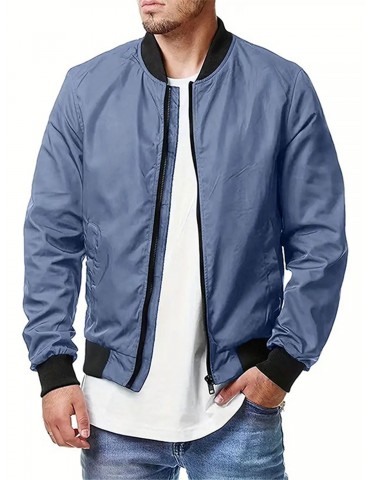 1pc Men'S Casual Bomber Jacket - Polyester Flight Style Outerwear with Zipper Closure, Solid Color, Open Collar, Loose Fit, Woven Patchwork Design for Fall/Winter