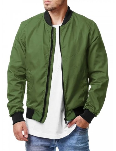 1pc Men'S Casual Bomber Jacket - Polyester Flight Style Outerwear with Zipper Closure, Solid Color, Open Collar, Loose Fit, Woven Patchwork Design for Fall/Winter