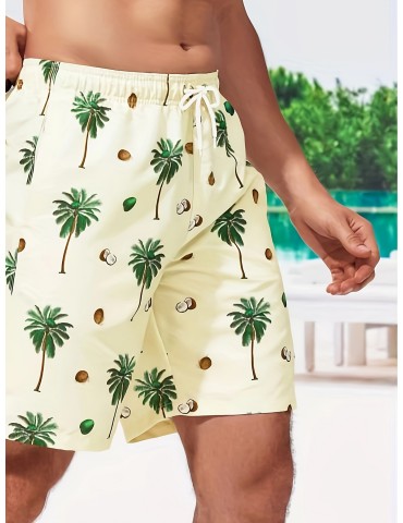 Men's Casual Coconut Palm Print Active Shorts, Drawstring Beach Shorts For Summer Beach Resort