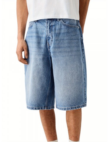 1pc Men'S Casual Cotton Blend Faux Denim Shorts, Solid Color, Slight Stretch, Woven, Regular Fit with Pockets, Zipper and Button Closure - Summer Streetwear